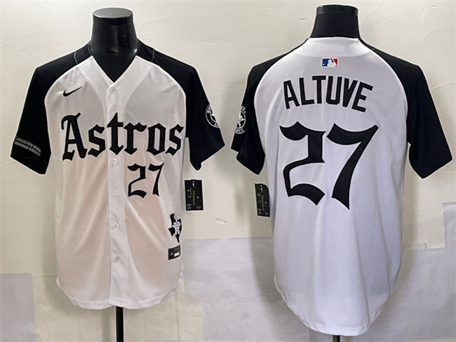 Men's Houston Astros #27 Jose Altuve White/Black Gothic 'Houston Born Barrio Raised' Limited Stitched Baseball Jersey